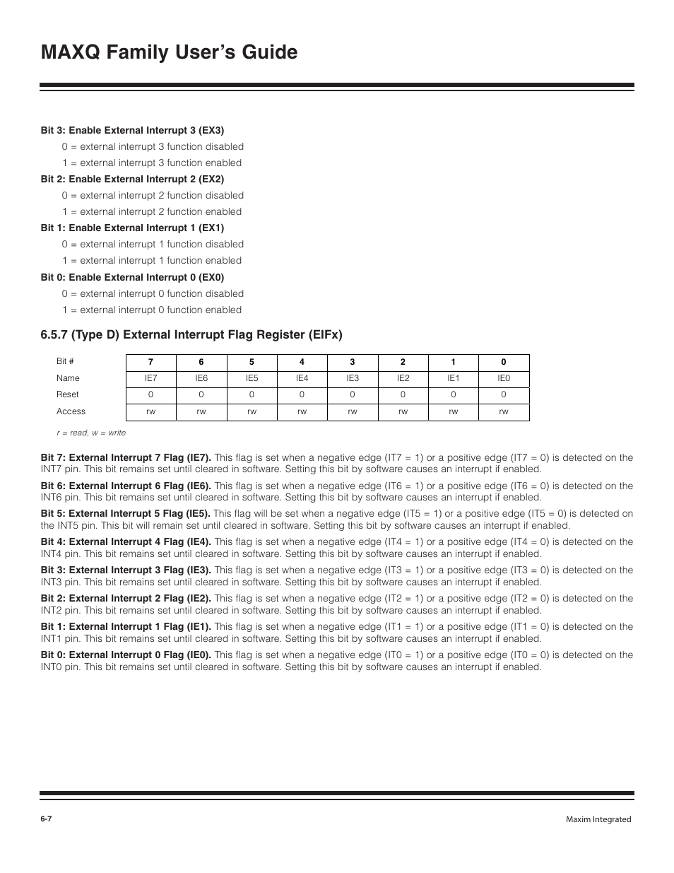 7 (type d) external inte, Maxq family user’s guide, 7 (type d) external interrupt flag register (eifx) | Maxim Integrated MAXQ Family User Manual | Page 64 / 216