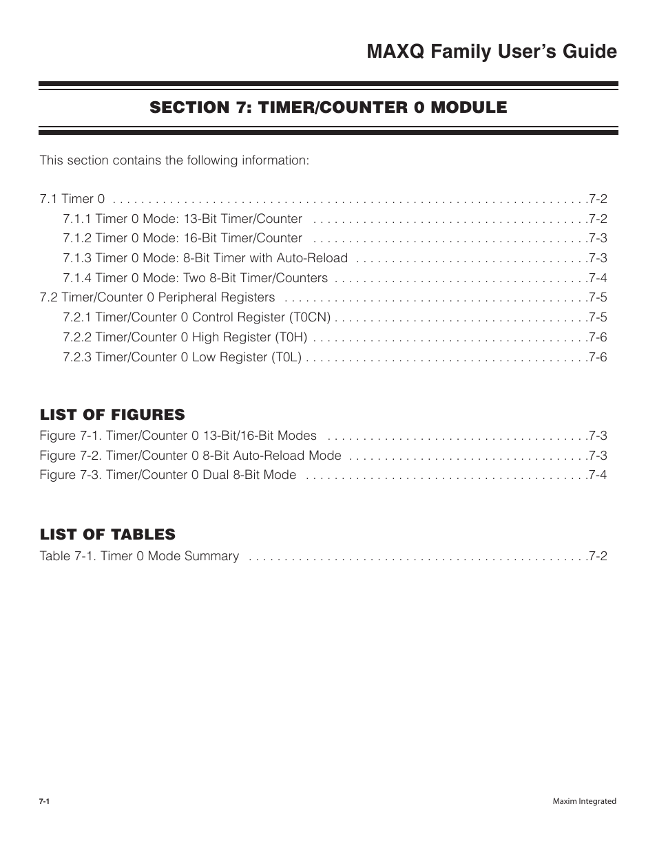 Section 7: timer/counter 0 module, Section 7: timer/counter timer -1, Maxq family user’s guide | Maxim Integrated MAXQ Family User Manual | Page 66 / 216