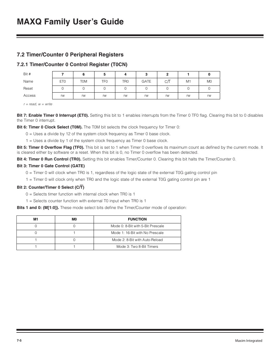 2 timer/counter 0 peripher, 1 timer/counter 0 contro, 2 timer/counter 0 peripheral registers -5 | 1 timer/counter 0 control register (t0cn) -5, Maxq family user’s guide, 2 timer/counter 0 peripheral registers, 1 timer/counter 0 control register (t0cn) | Maxim Integrated MAXQ Family User Manual | Page 70 / 216