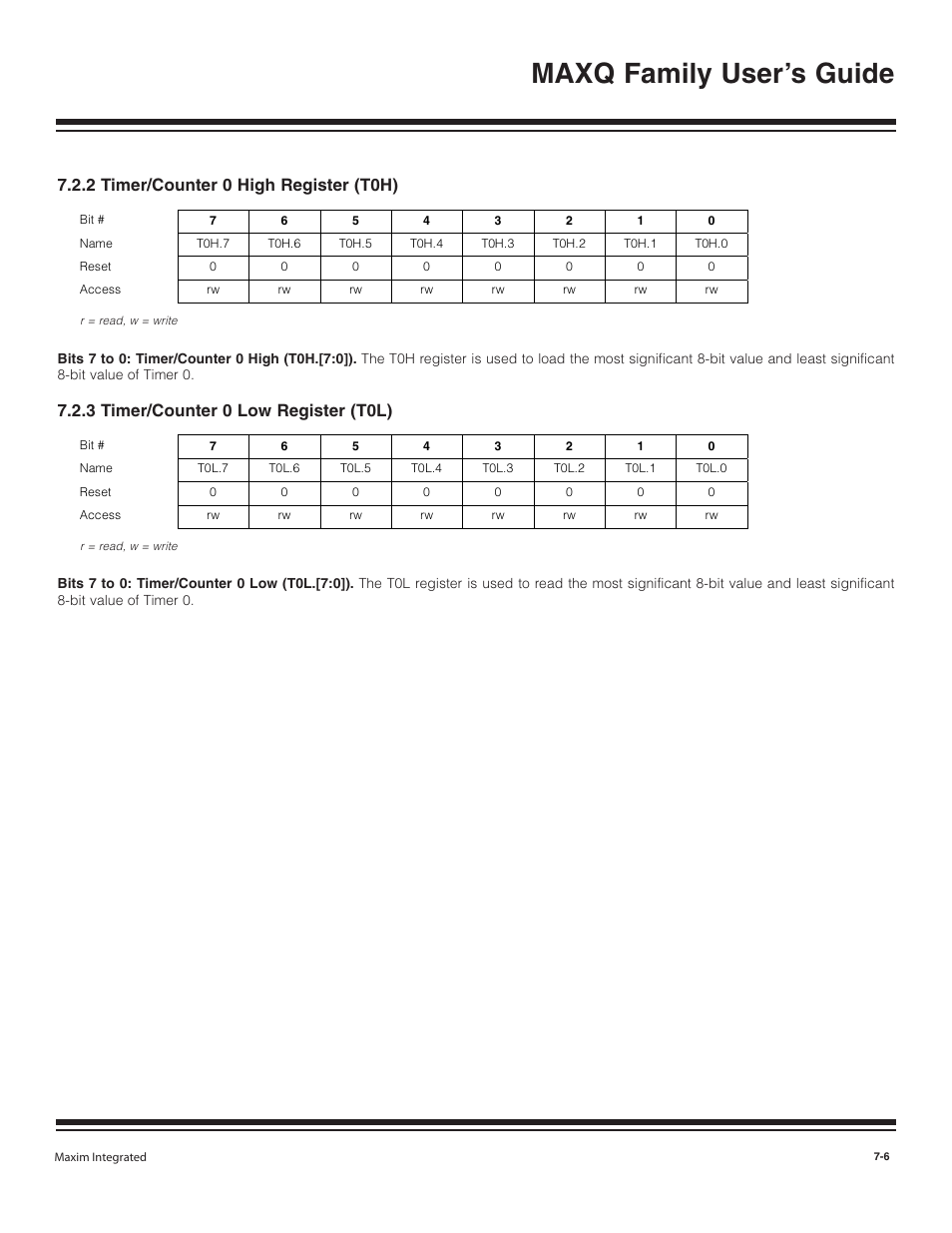 2 timer/counter 0 high r, 3 timer/counter 0 low re, 2 timer/counter 0 high register (t0h) -6 | 3 timer/counter 0 low register (t0l) -6, Maxq family user’s guide, 2 timer/counter 0 high register (t0h), 3 timer/counter 0 low register (t0l) | Maxim Integrated MAXQ Family User Manual | Page 71 / 216