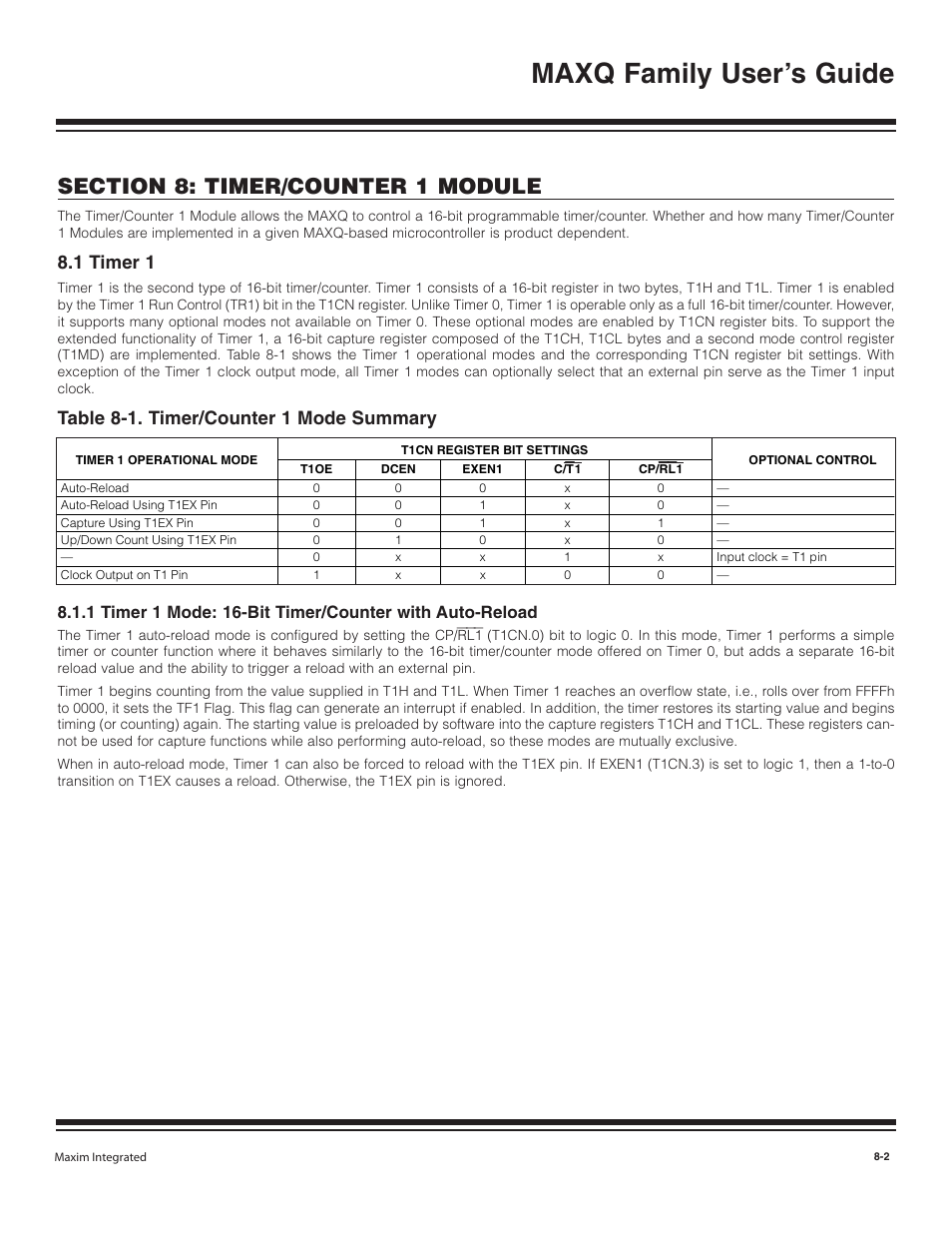 1 timer 1, 1 timer 1 mode: 16-bit t, 1 timer 1 -2 | Table 8-1. timer/counter 1 mode summary -2, Maxq family user’s guide, Table 8-1. timer/counter 1 mode summary | Maxim Integrated MAXQ Family User Manual | Page 73 / 216