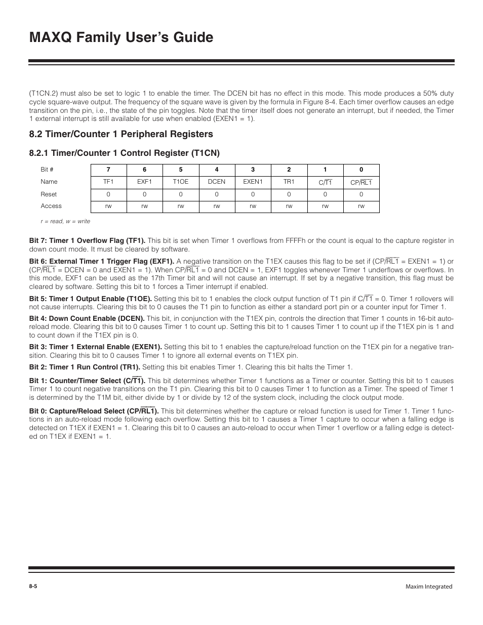 2 timer/counter 1 peripher, 1 timer/counter 1 contro, 2 timer/counter 1 peripheral registers -5 | 1 timer/counter 1 control register (t1cn) -5, Maxq family user’s guide, 2 timer/counter 1 peripheral registers, 1 timer/counter 1 control register (t1cn) | Maxim Integrated MAXQ Family User Manual | Page 76 / 216