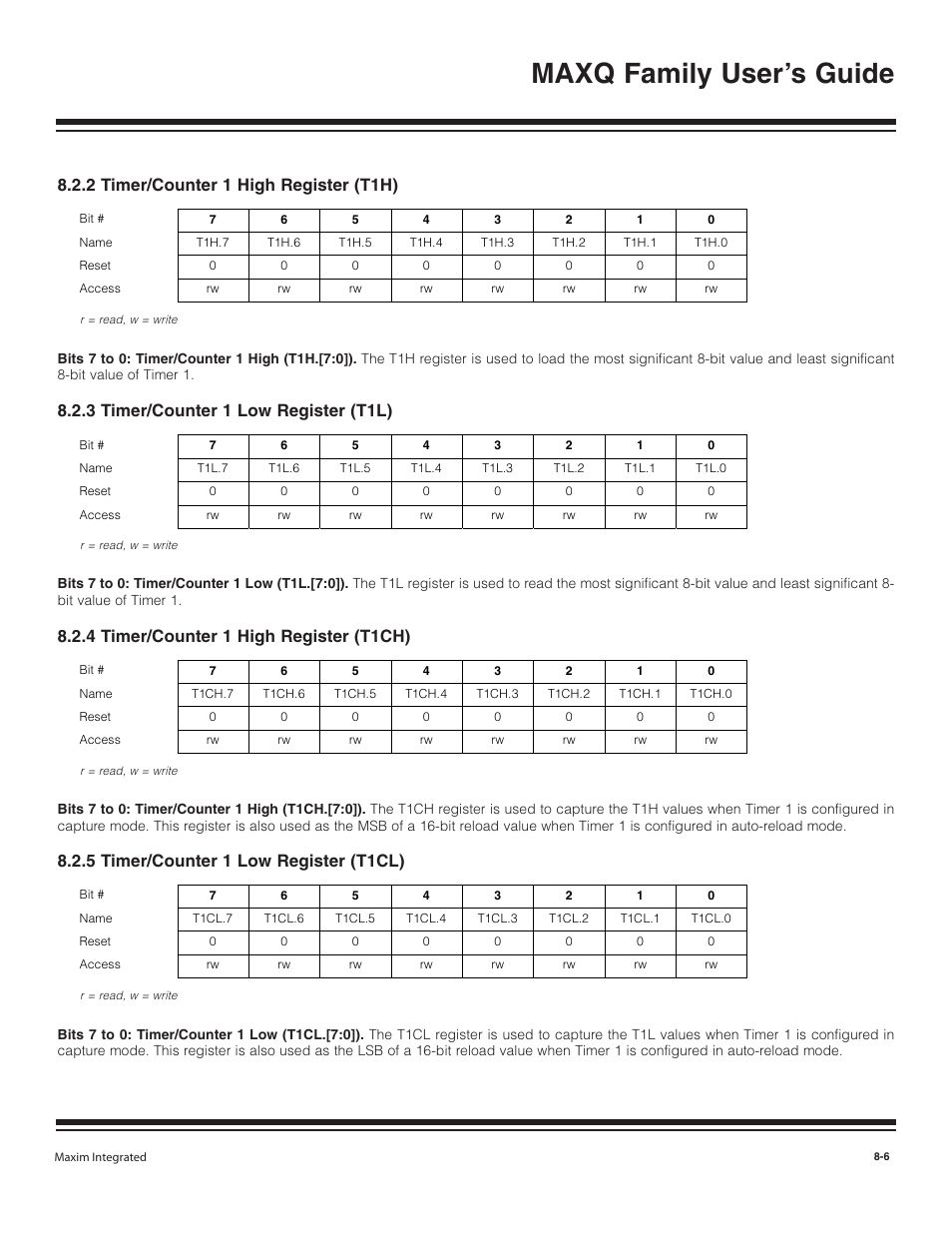2 timer/counter 1 high r, 3 timer/counter 1 low re, 4 timer/counter 1 high r | 5 timer/counter 1 low re, 2 timer/counter 1 high register (t1h) -6, 3 timer/counter 1 low register (t1l) -6, 4 timer/counter 1 high register (t1ch) -6, 5 timer/counter 1 low register (t1cl) -6, Maxq family user’s guide, 2 timer/counter 1 high register (t1h) | Maxim Integrated MAXQ Family User Manual | Page 77 / 216