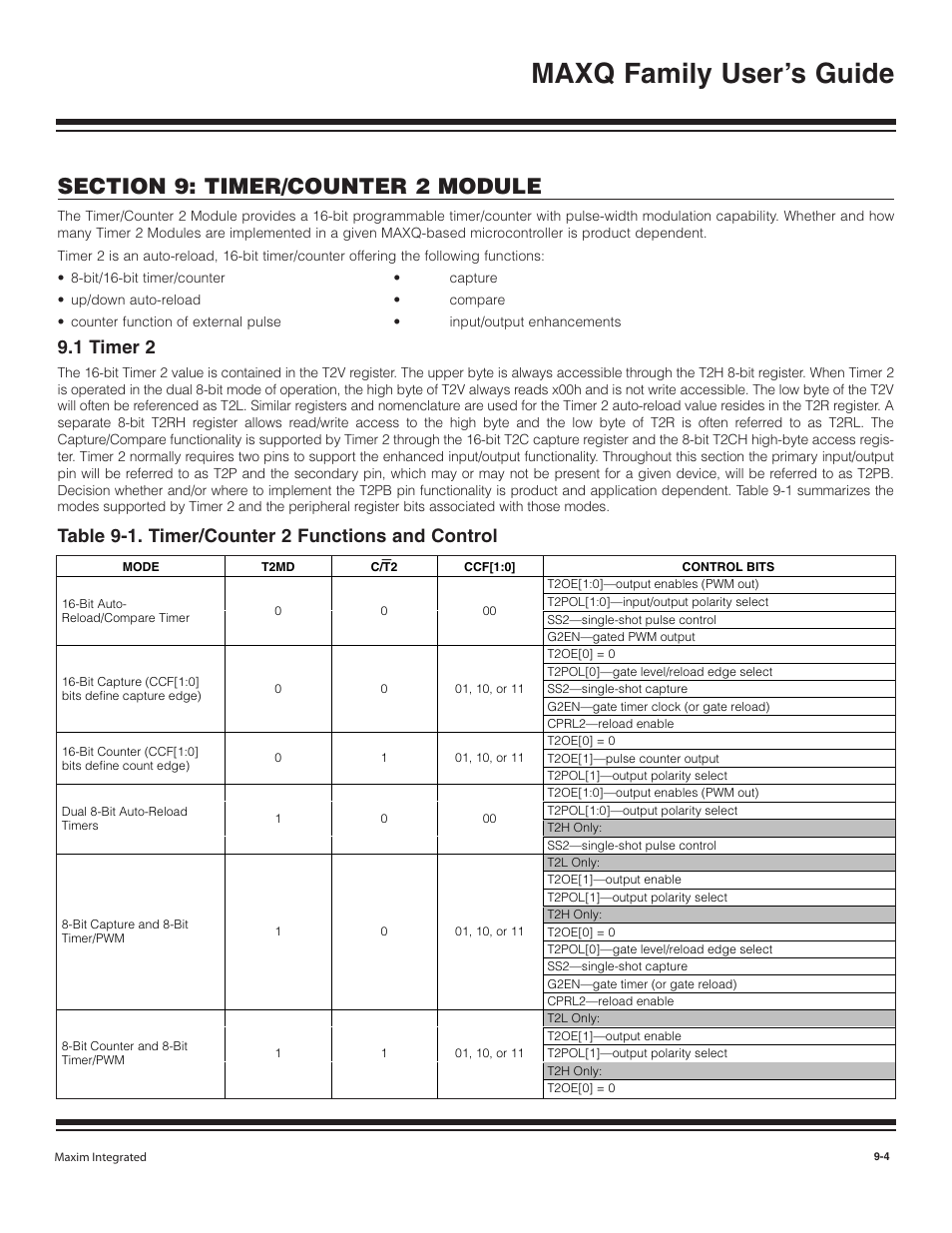 1 timer 2, 1 timer 2 -4, Maxq family user’s guide | Table 9-1. timer/counter 2 functions and control | Maxim Integrated MAXQ Family User Manual | Page 82 / 216