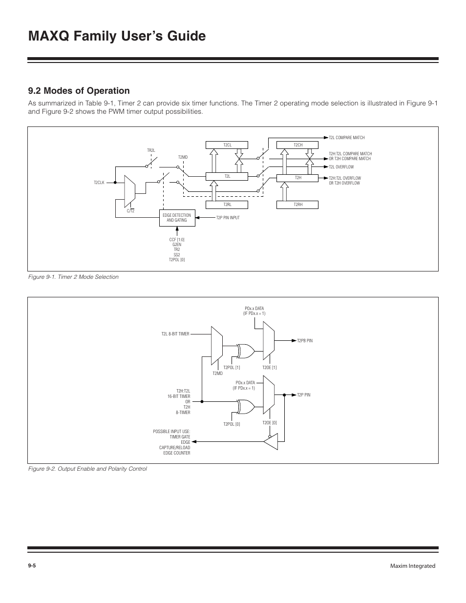 2 modes of operation, 2 modes of operation -5, Figure 9-1. timer 2 mode selection -5 | Figure 9-2. output enable and polarity control -5, Maxq family user’s guide | Maxim Integrated MAXQ Family User Manual | Page 83 / 216