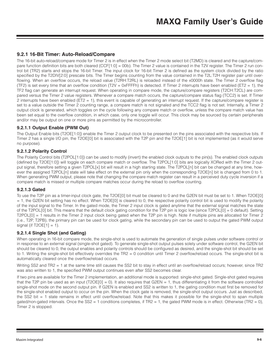 1 16-bit timer: auto-rel, 1 output enable (pwm out), 2 polarity control | 3 gated, 4 single shot (and gat, 1 16-bit timer: auto-reload/compare -6, 1 output enable (pwm out) -6, 2 polarity control -6, 3 gated -6, 4 single shot (and gating) -6 | Maxim Integrated MAXQ Family User Manual | Page 84 / 216