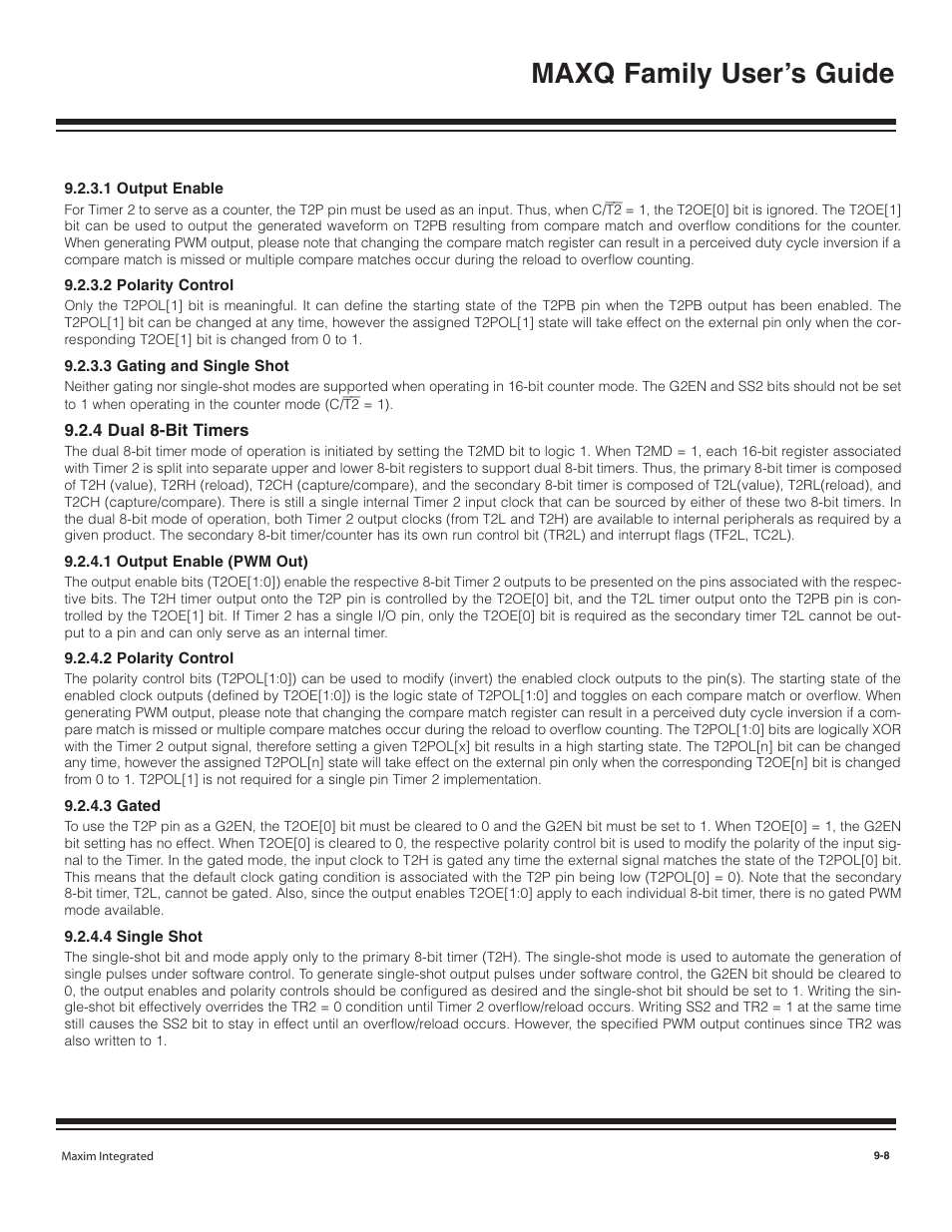 1 output enable, 2 polarity control, 3 gating and single shot | 4 dual 8-bit timers, 1 output enable (pwm out), 3 gated, 4 single shot, 1 output enable -8, 2 polarity control -8, 3 gating and single shot -8 | Maxim Integrated MAXQ Family User Manual | Page 86 / 216