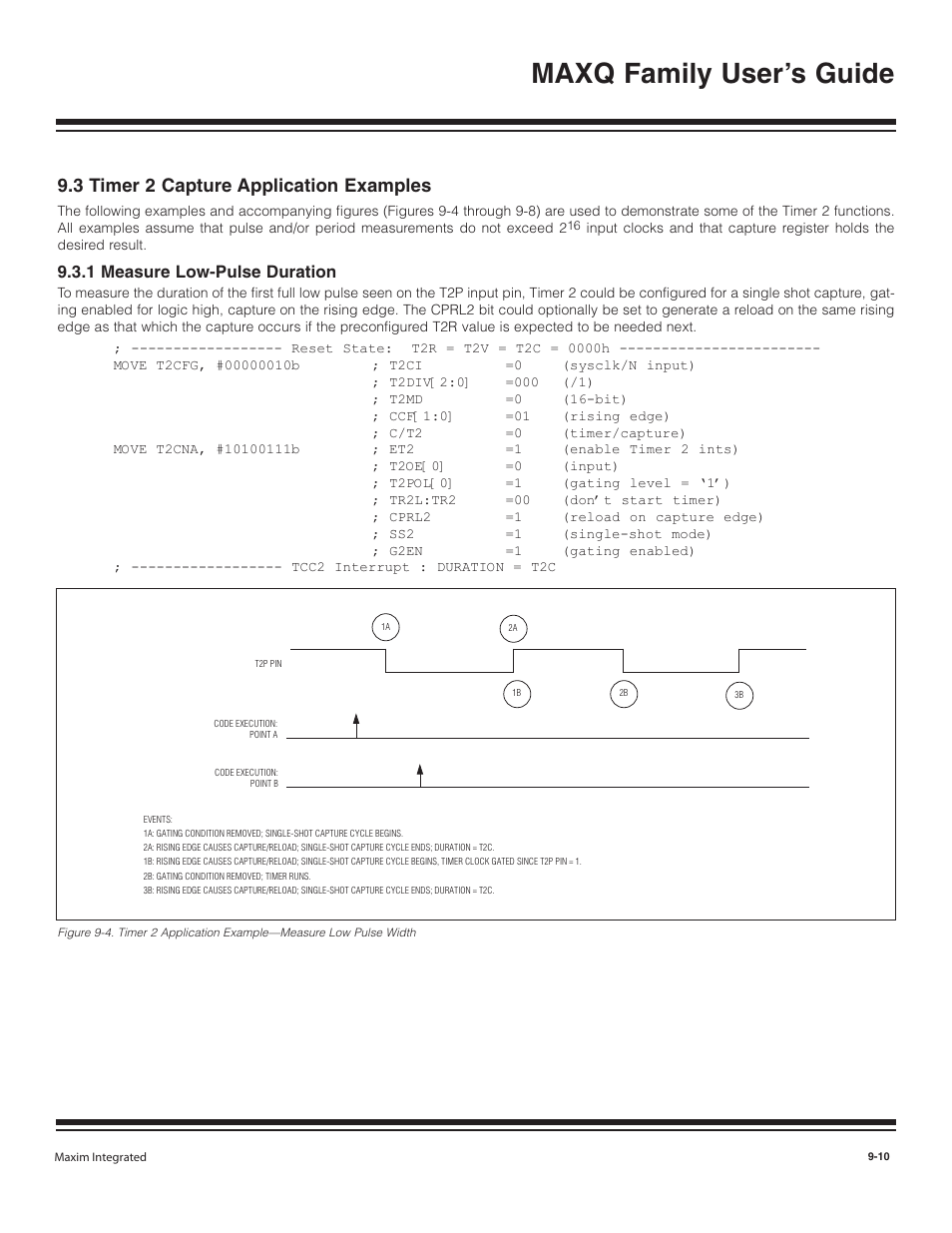 3 timer 2 capture applicat, 1 measure low-pulse dura, 3 timer 2 capture application examples -10 | 1 measure low-pulse duration -10, Maxq family user’s guide, 3 timer 2 capture application examples, 1 measure low-pulse duration | Maxim Integrated MAXQ Family User Manual | Page 88 / 216