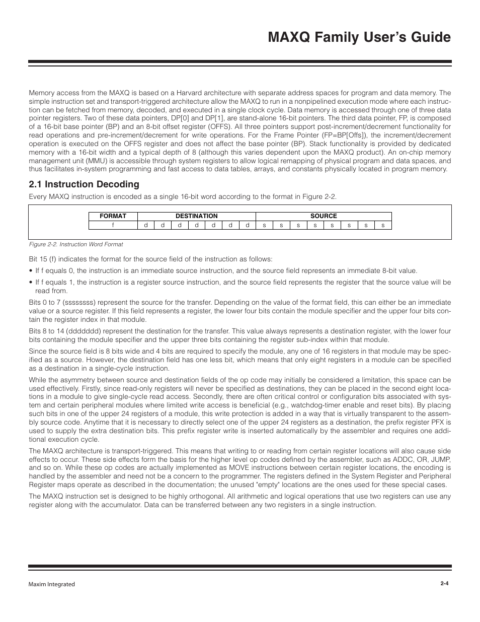 1 instruction decoding, 1 instruction decoding -4, Figure 2-2. instruction word format -4 | Maxq family user’s guide | Maxim Integrated MAXQ Family User Manual | Page 9 / 216