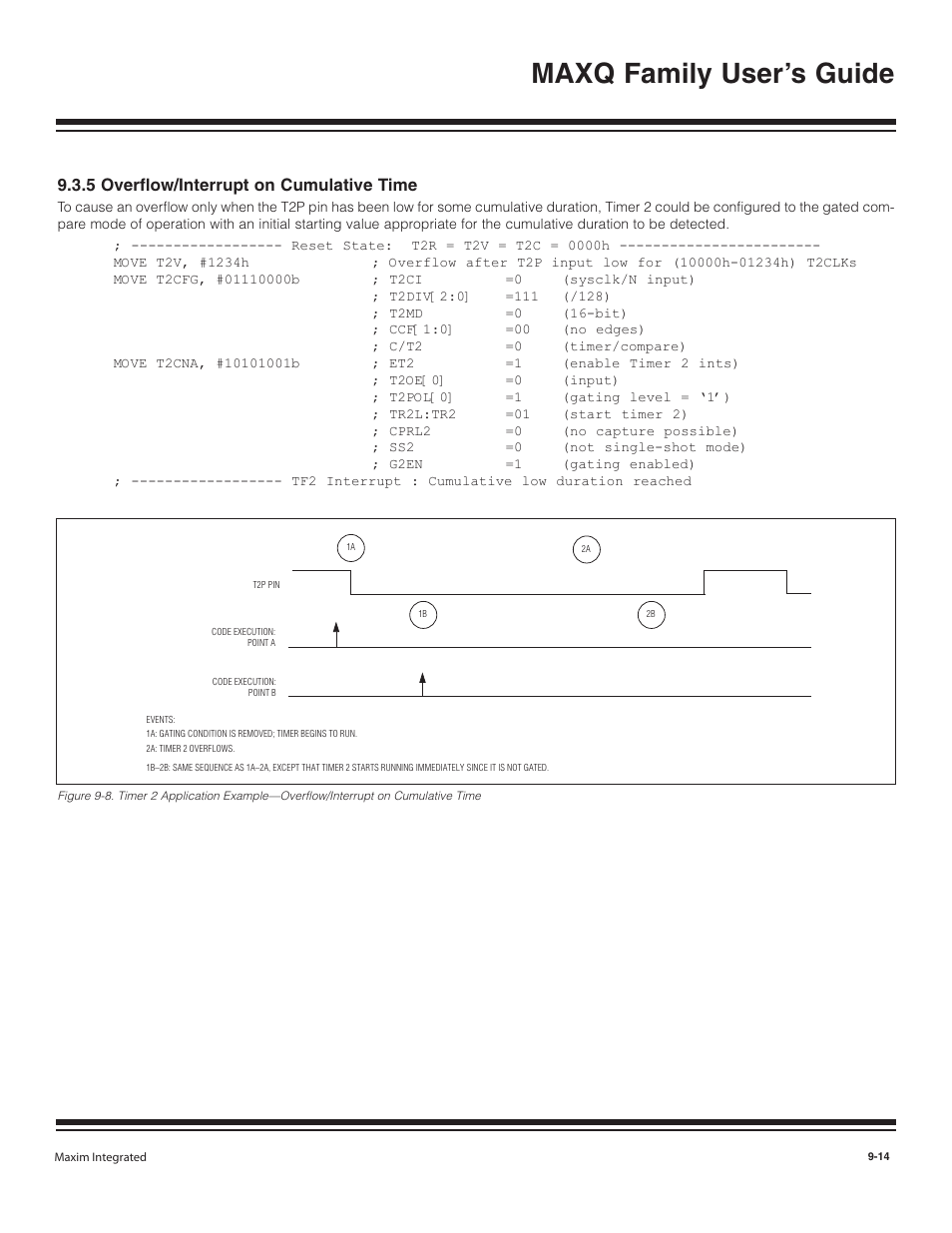 5 overflow/interrupt on, 5 overflow/interrupt on cumulative time -14, Maxq family user’s guide | 5 overflow/interrupt on cumulative time | Maxim Integrated MAXQ Family User Manual | Page 92 / 216