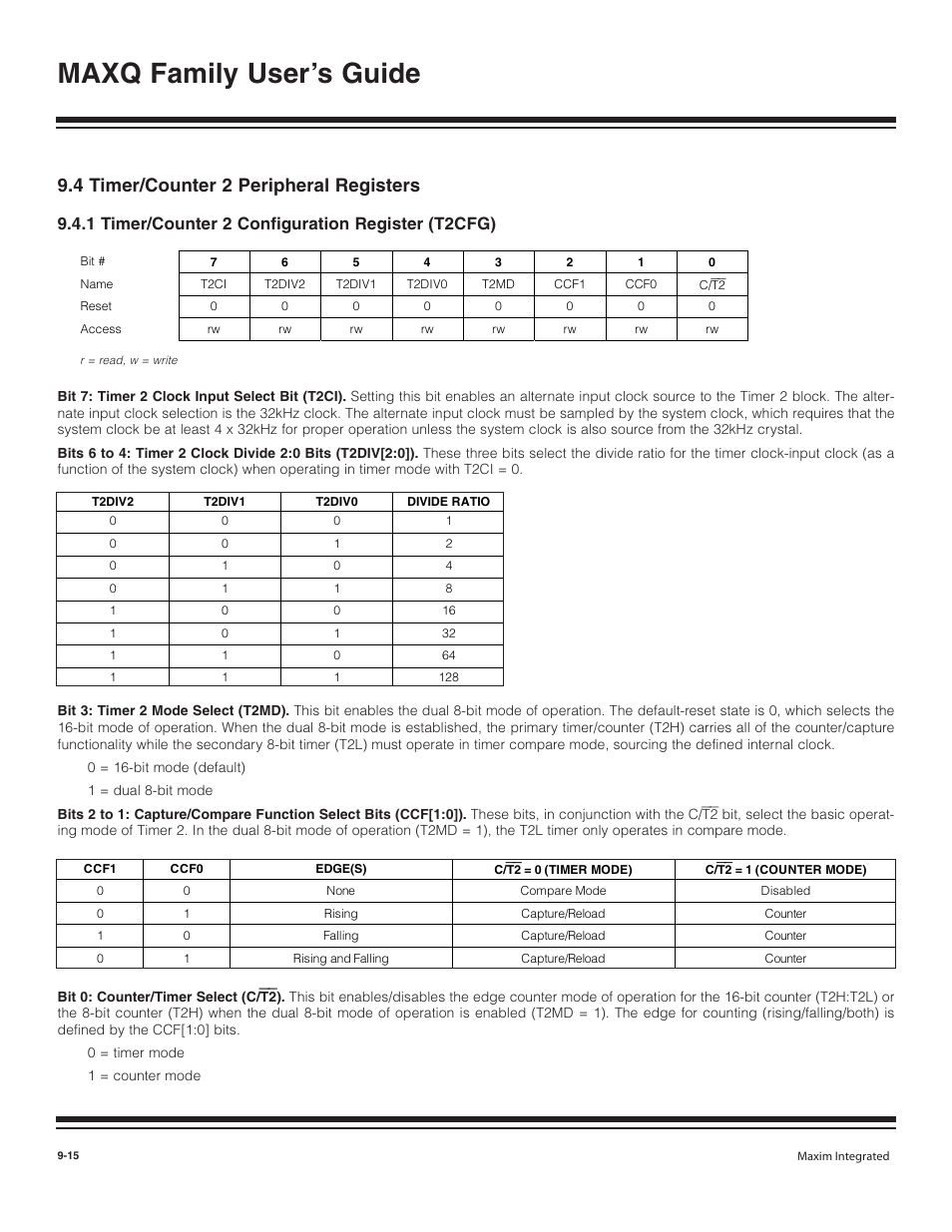 4 timer/counter 2 peripher, 1 timer/counter 2 config, 4 timer/counter 2 peripheral registers -15 | Maxq family user’s guide, 4 timer/counter 2 peripheral registers, 1 timer/counter 2 configuration register (t2cfg) | Maxim Integrated MAXQ Family User Manual | Page 93 / 216