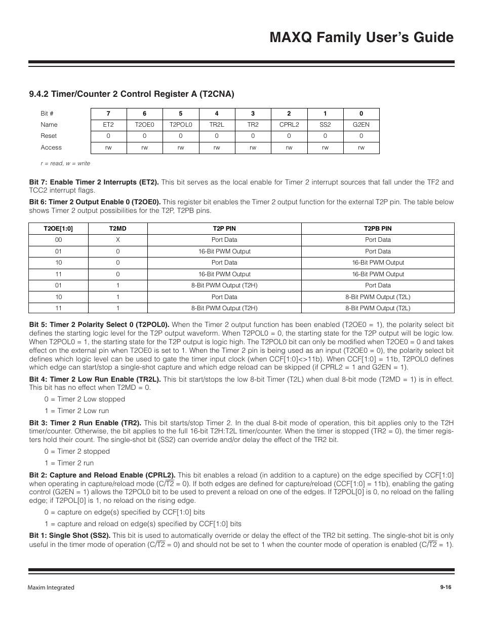 2 timer/counter 2 contro, 2 timer/counter 2 control register a (t2cna) -16, Maxq family user’s guide | 2 timer/counter 2 control register a (t2cna) | Maxim Integrated MAXQ Family User Manual | Page 94 / 216