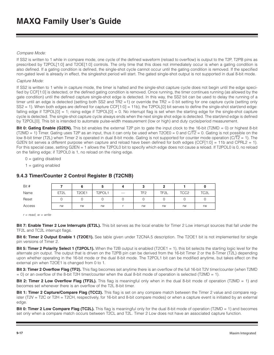 3 timer/counter 2 contro, 3 timer/counter 2 control register b (t2cnb) -17, Maxq family user’s guide | 3 timer/counter 2 control register b (t2cnb) | Maxim Integrated MAXQ Family User Manual | Page 95 / 216