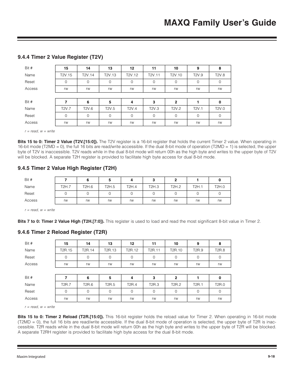 4 timer 2 value register, 5 timer 2 value high reg, 6 timer 2 reload registe | 4 timer 2 value register (t2v) -18, 5 timer 2 value high register (t2h) -18, 6 timer 2 reload register (t2r) -18, Maxq family user’s guide, 4 timer 2 value register (t2v), 5 timer 2 value high register (t2h), 6 timer 2 reload register (t2r) | Maxim Integrated MAXQ Family User Manual | Page 96 / 216