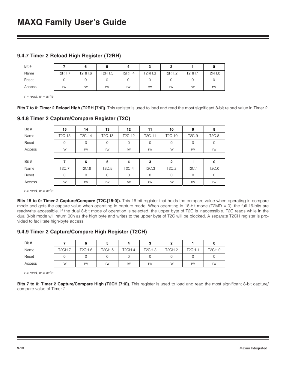 7 timer 2 reload high re, 8 timer 2 capture/compar, 9 timer 2 capture/compar | 7 timer 2 reload high register (t2rh) -19, 8 timer 2 capture/compare register (t2c) -19, 9 timer 2 capture/compare high register (t2ch) -19, Maxq family user’s guide, 7 timer 2 reload high register (t2rh), 8 timer 2 capture/compare register (t2c), 9 timer 2 capture/compare high register (t2ch) | Maxim Integrated MAXQ Family User Manual | Page 97 / 216