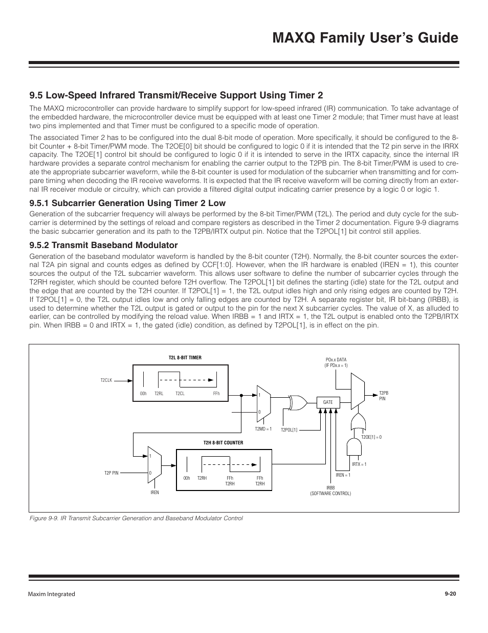 5 low-speed infrared trans, 1 subcarrier generation, 2 transmit baseband modu | 1 subcarrier generation using timer 2 low -20, 2 transmit baseband modulator -20, Maxq family user’s guide, 1 subcarrier generation using timer 2 low, 2 transmit baseband modulator | Maxim Integrated MAXQ Family User Manual | Page 98 / 216