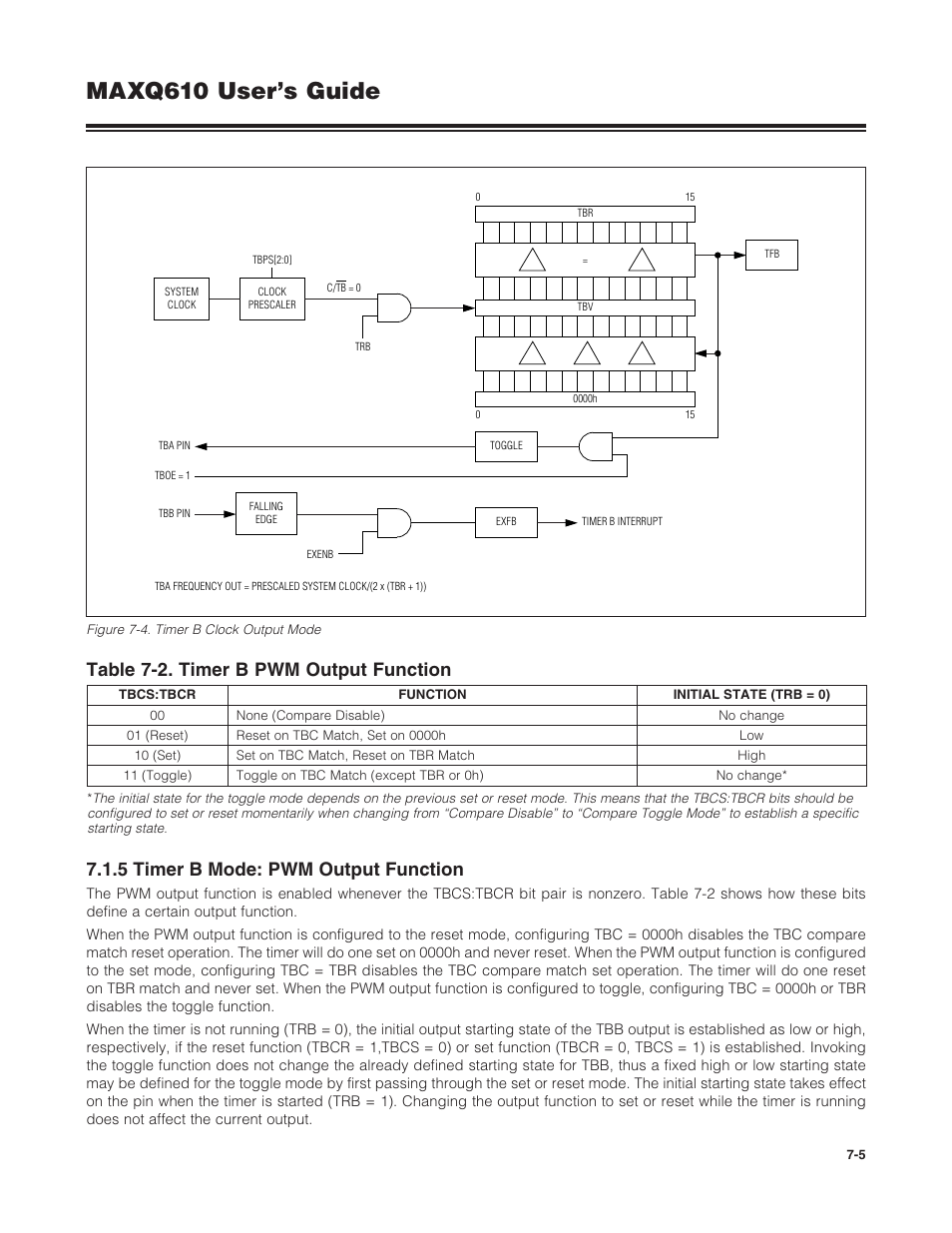 5 timer b mode: pwm output function, 7 .1 .5 timer b mode: pwm output function -5, Table 7-2 . timer b pwm output function -5 | Figure 7-4 . timer b clock output mode -5, Maxq610 user’s guide, Table 7-2. timer b pwm output function | Maxim Integrated MAXQ610 User Manual | Page 108 / 203