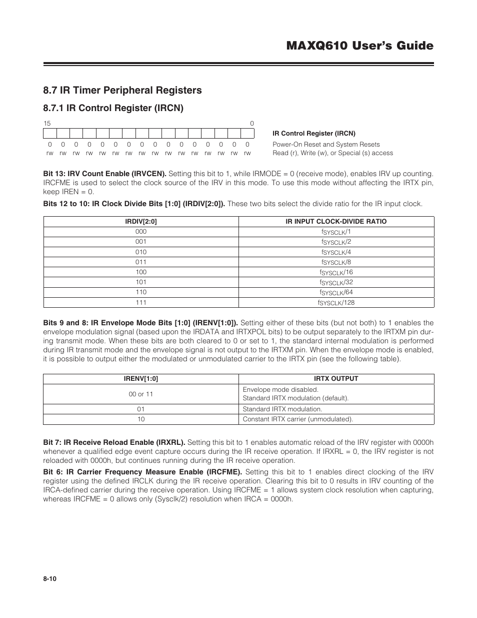 7 ir timer peripheral registers, 1 ir control register (ircn), 8 .7 ir timer peripheral registers -10 | 8 .7 .1 ir control register (ircn) -10, Maxq610 user’s guide | Maxim Integrated MAXQ610 User Manual | Page 123 / 203