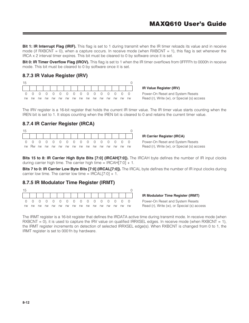 3 ir value register (irv), 4 ir carrier register (irca), 5 ir modulator time register (irmt) | Maxq610 user’s guide | Maxim Integrated MAXQ610 User Manual | Page 125 / 203