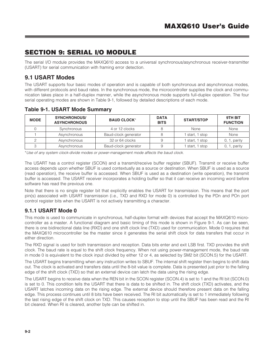 1 usart modes, 1 usart mode 0, 9 .1 usart modes -2 | 9 .1 .1 usart mode 0 -2, Table 9-1 . usart mode summary -2, Maxq610 user’s guide, Table 9-1. usart mode summary | Maxim Integrated MAXQ610 User Manual | Page 127 / 203