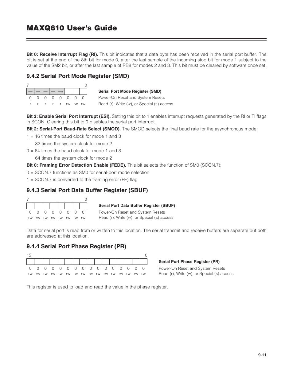 2 serial port mode register (smd), 3 serial port data buffer register (sbuf), 4 serial port phase register (pr) | Maxq610 user’s guide | Maxim Integrated MAXQ610 User Manual | Page 136 / 203