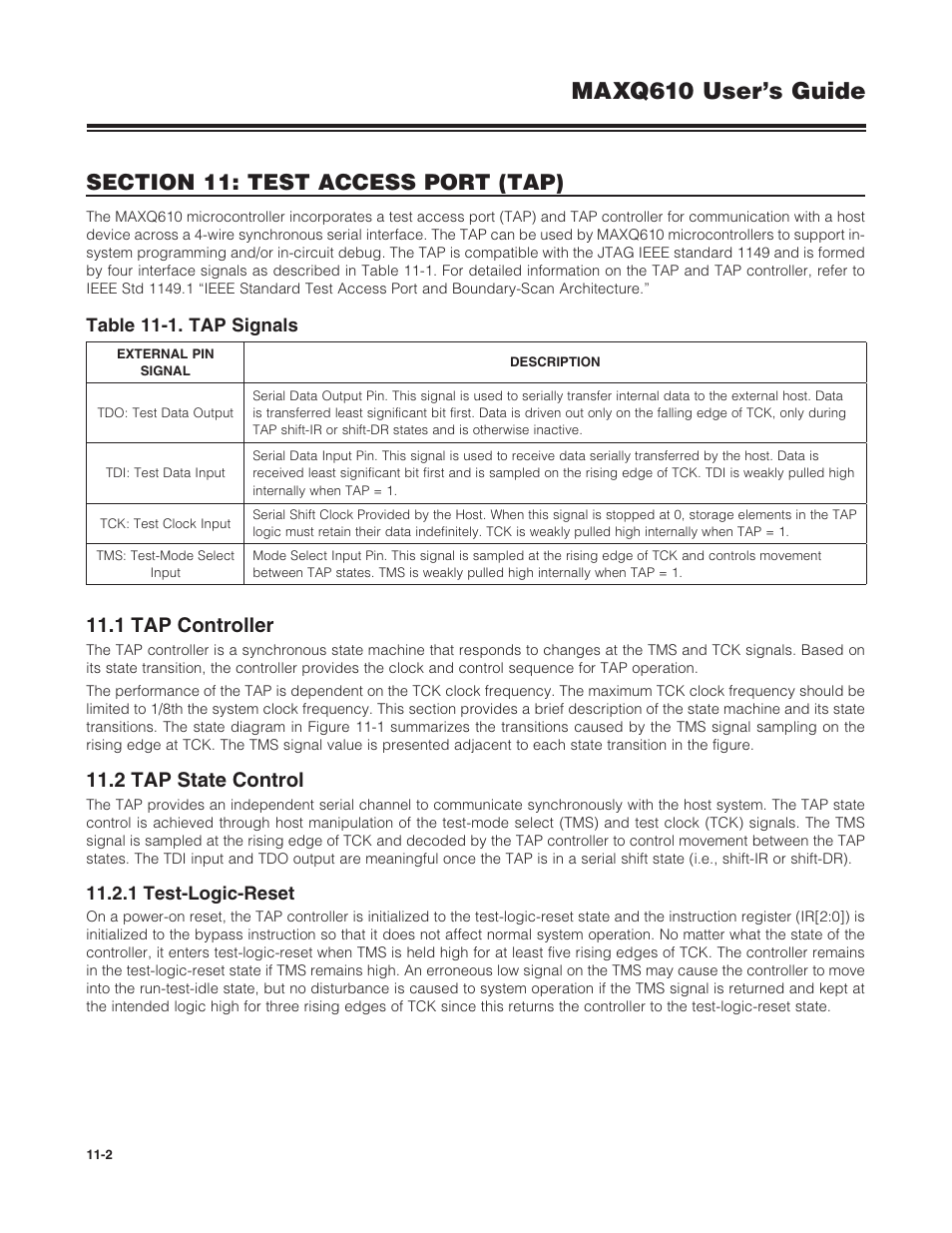 1 tap controller, 2 tap state control, 1 test-logic-reset | 11 .1 tap controller -2 11 .2 tap state control -2, 11 .2 .1 test-logic-reset -2, Table 11-1 . tap signals -2, Maxq610 user’s guide | Maxim Integrated MAXQ610 User Manual | Page 146 / 203