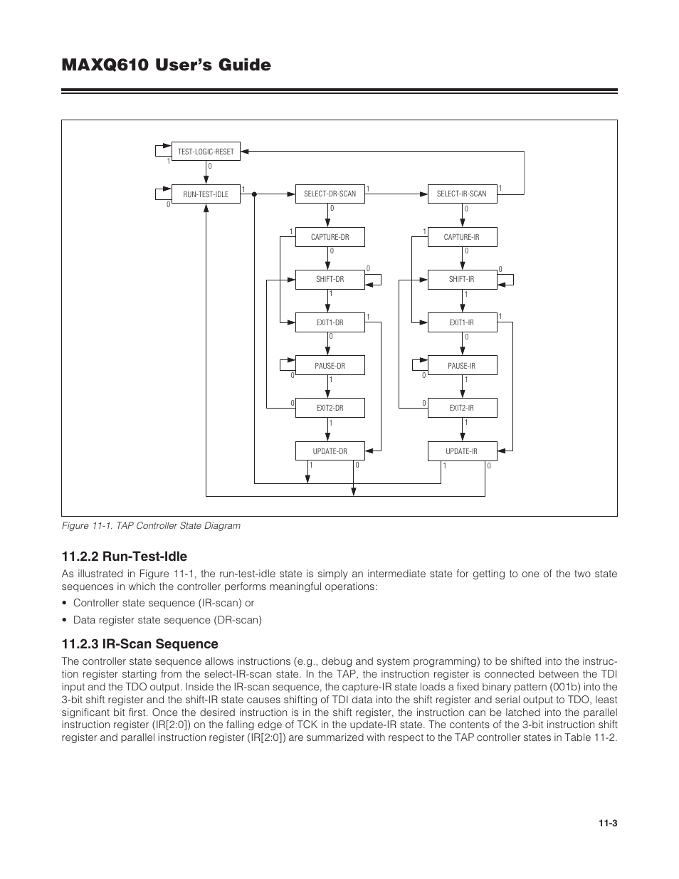 2 run-test-idle, 3 ir-scan sequence, Figure 11-1 . tap controller state diagram -3 | Maxq610 user’s guide | Maxim Integrated MAXQ610 User Manual | Page 147 / 203