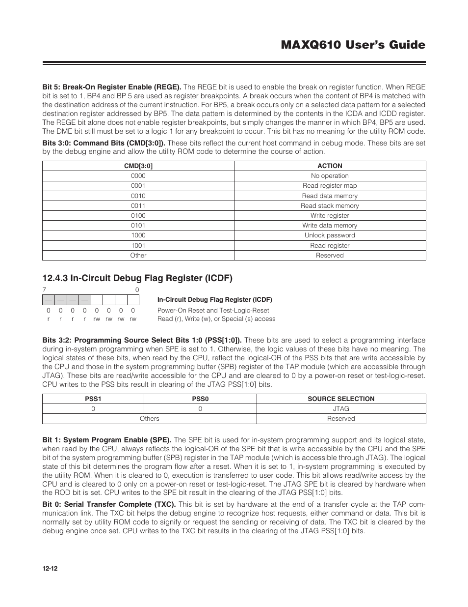 3 in-circuit debug flag register (icdf), 12 .4 .3 in-circuit debug flag register (icdf) -12, Maxq610 user’s guide | Maxim Integrated MAXQ610 User Manual | Page 163 / 203