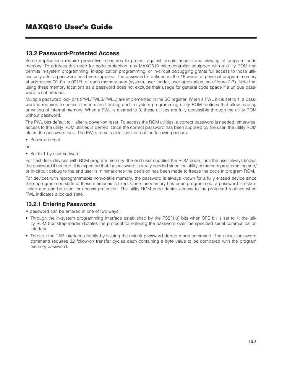 2 password-protected access, 1 entering passwords, 13 .2 password-protected access -3 | 13 .2 .1 entering passwords -3, Maxq610 user’s guide | Maxim Integrated MAXQ610 User Manual | Page 167 / 203