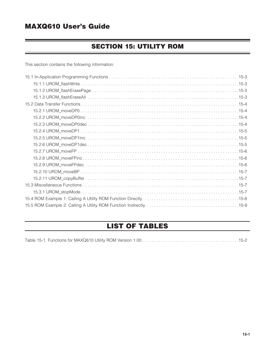 Section 15: utility rom, Section 15: utility rom -1, Maxq610 user’s guide | List of tables | Maxim Integrated MAXQ610 User Manual | Page 194 / 203