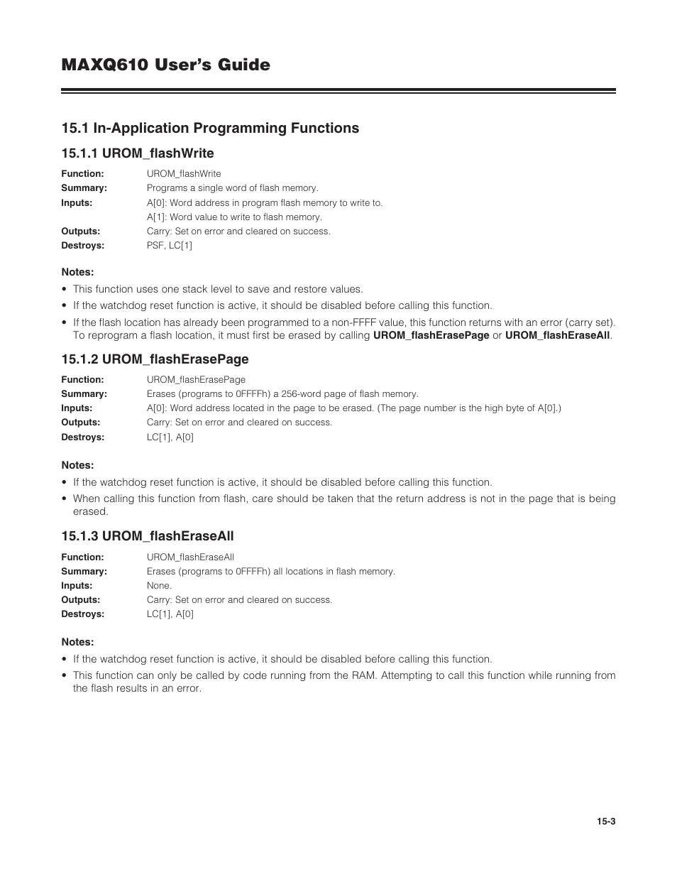 1 in-application programming functions, 1 urom_flashwrite, 3 urom_flasheraseall | 15 .1 in-application programming functions -3, Maxq610 user’s guide, 2 urom_flasherasepage | Maxim Integrated MAXQ610 User Manual | Page 196 / 203