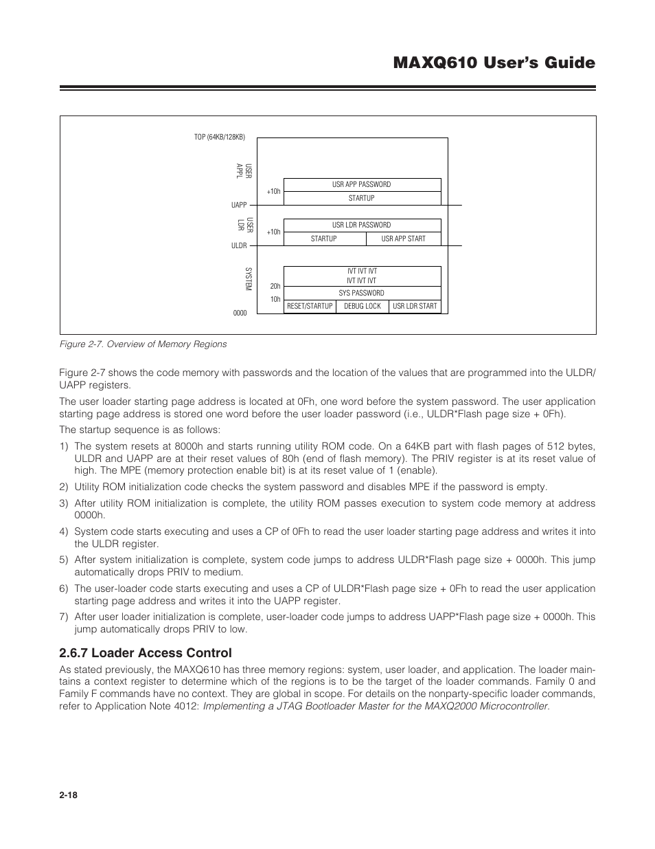 7 loader access control, 2 .6 .7 loader access control -18, Figure 2-7 . overview of memory regions -18 | Maxq610 user’s guide | Maxim Integrated MAXQ610 User Manual | Page 22 / 203