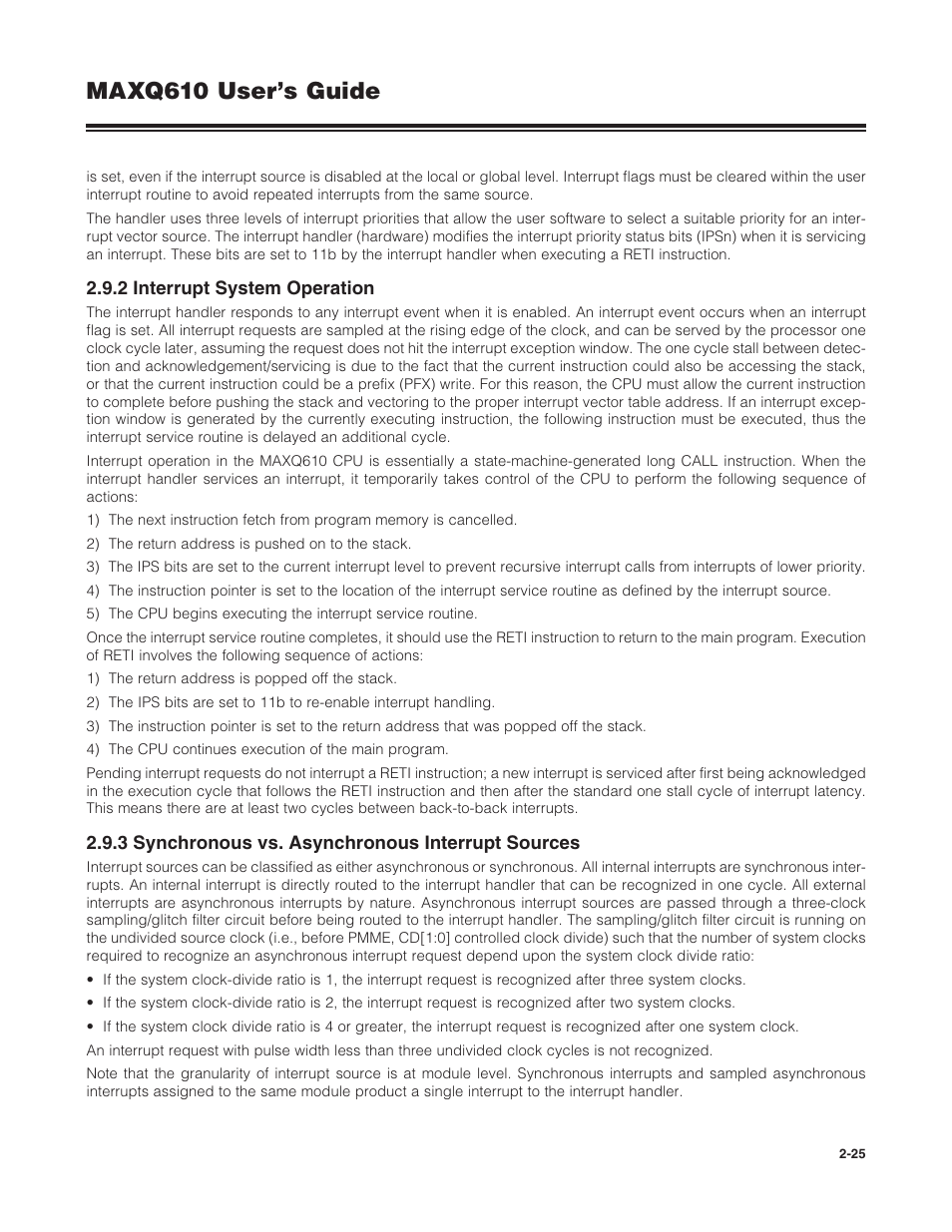 2 interrupt system operation, 3 synchronous vs. asynchronous interrupt sources, Maxq610 user’s guide | Maxim Integrated MAXQ610 User Manual | Page 29 / 203