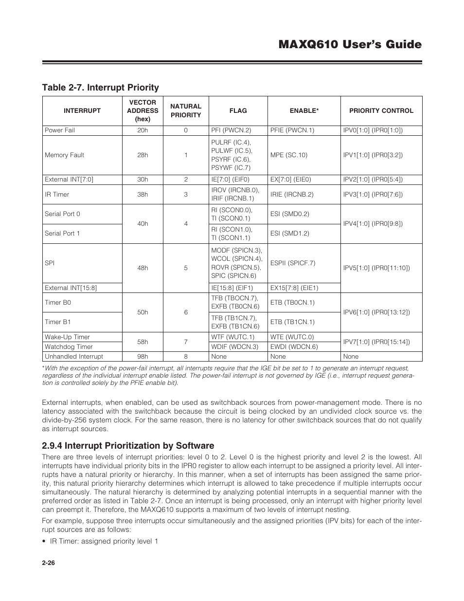 4 interrupt prioritization by software, 2 .9 .4 interrupt prioritization by software -26, Table 2-7 . interrupt priority -26 | Maxq610 user’s guide, Table 2-7. interrupt priority | Maxim Integrated MAXQ610 User Manual | Page 30 / 203