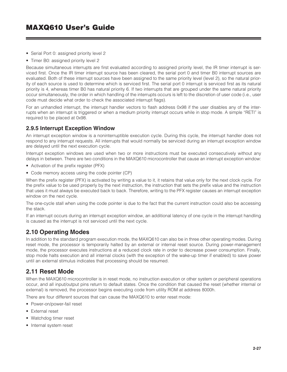 5 interrupt exception window, 10 operating modes, 11 reset mode | 2 .9 .5 interrupt exception window -27, 2 .10 operating modes -27 2 .11 reset mode -27, Maxq610 user’s guide | Maxim Integrated MAXQ610 User Manual | Page 31 / 203