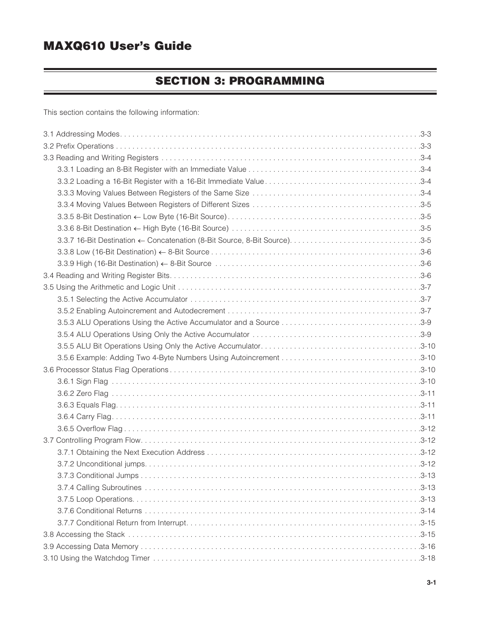 Section 3: programming, Section 3: programming -1, Maxq610 user’s guide | Maxim Integrated MAXQ610 User Manual | Page 36 / 203