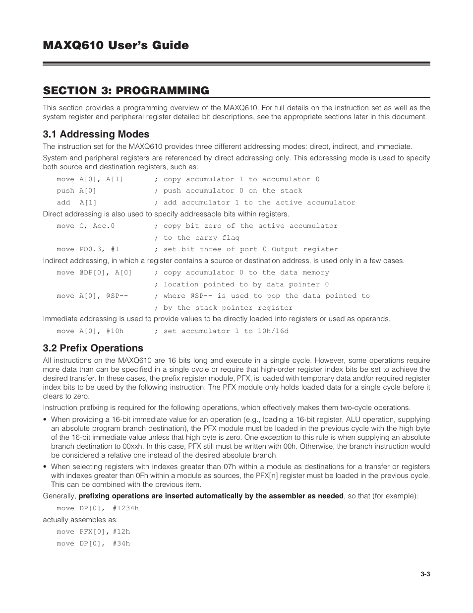 1 addressing modes, 2 prefix operations, 3 .1 addressing modes -3 3 .2 prefix operations -3 | Maxq610 user’s guide | Maxim Integrated MAXQ610 User Manual | Page 38 / 203