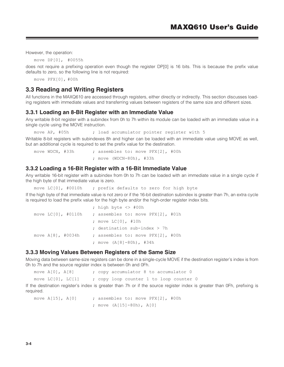 3 reading and writing registers, 3 moving values between registers of the same size, 3 .3 reading and writing registers -4 | Maxq610 user’s guide | Maxim Integrated MAXQ610 User Manual | Page 39 / 203