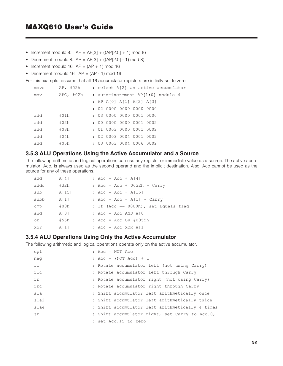 4 alu operations using only the active accumulator, Maxq610 user’s guide | Maxim Integrated MAXQ610 User Manual | Page 44 / 203