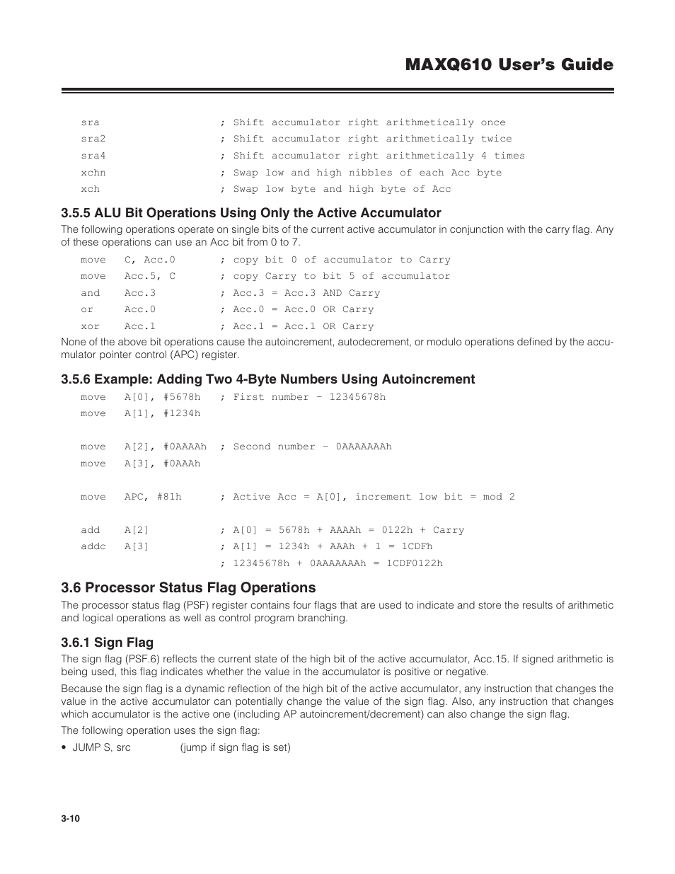 6 processor status flag operations, 1 sign flag, 3 .6 processor status flag operations -10 | 3 .6 .1 sign flag -10, Maxq610 user’s guide | Maxim Integrated MAXQ610 User Manual | Page 45 / 203
