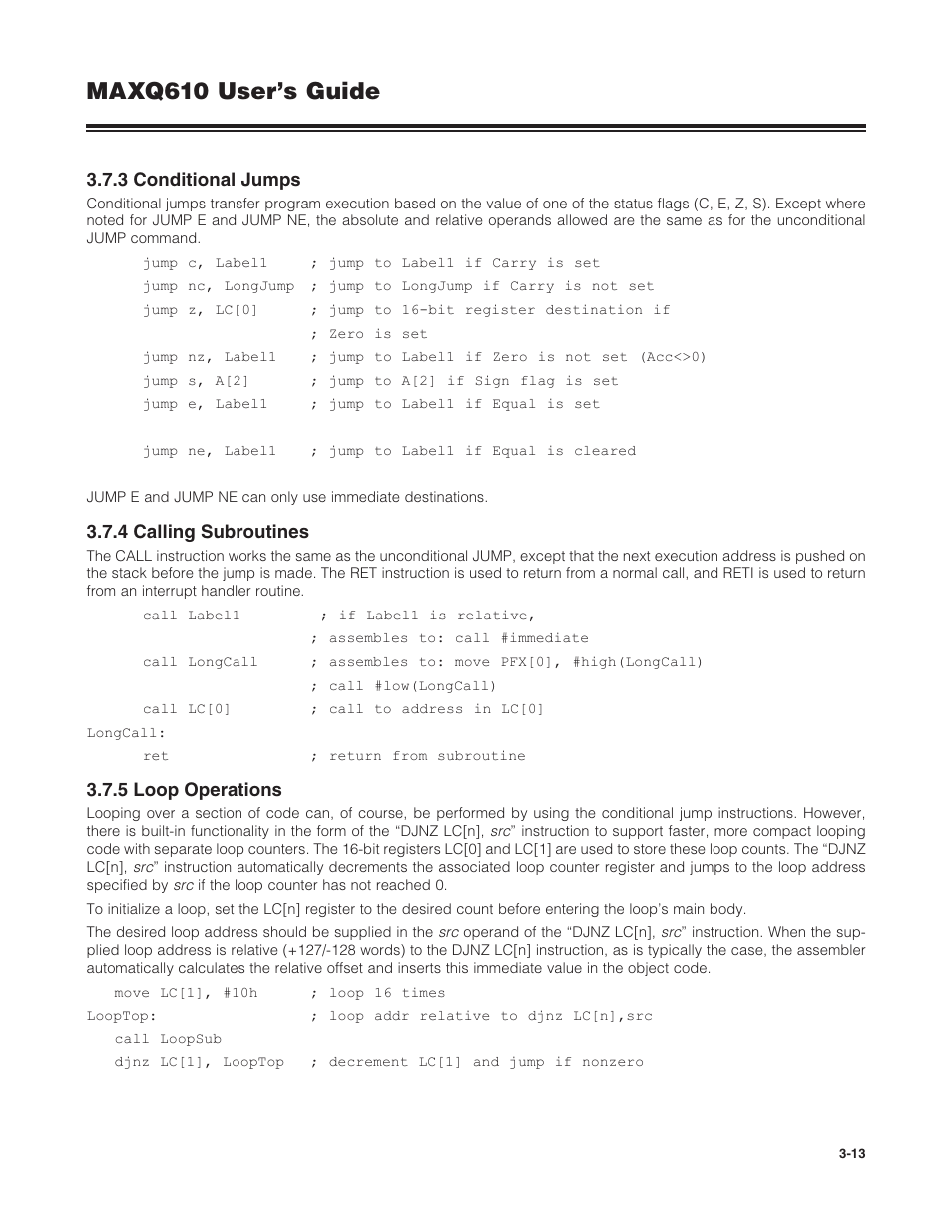 3 conditional jumps, 4 calling subroutines, 5 loop operations | Maxq610 user’s guide | Maxim Integrated MAXQ610 User Manual | Page 48 / 203