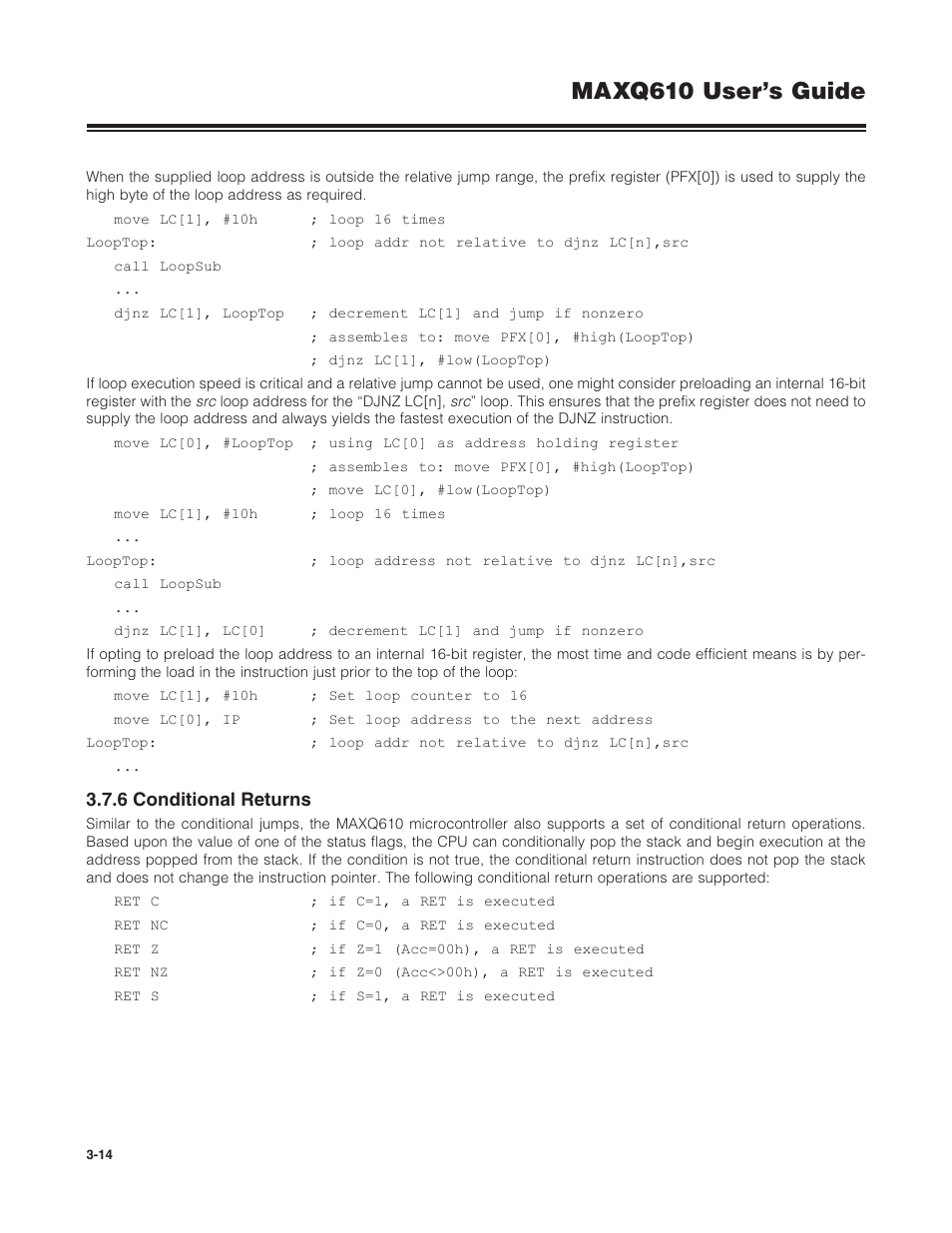 6 conditional returns, 3 .7 .6 conditional returns -14, Maxq610 user’s guide | Maxim Integrated MAXQ610 User Manual | Page 49 / 203