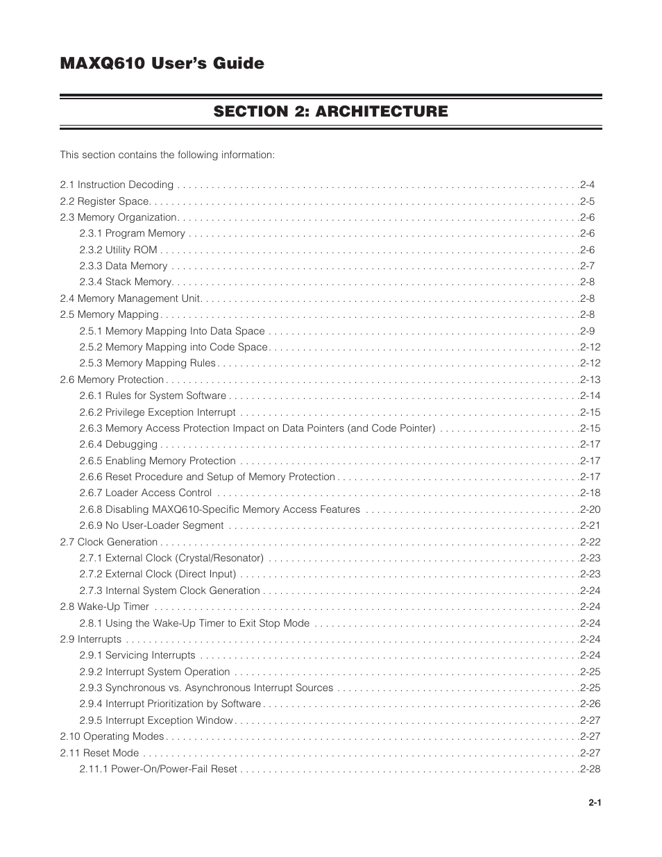Section 2: architecture, Section 2: architecture -1, Maxq610 user’s guide | Maxim Integrated MAXQ610 User Manual | Page 5 / 203
