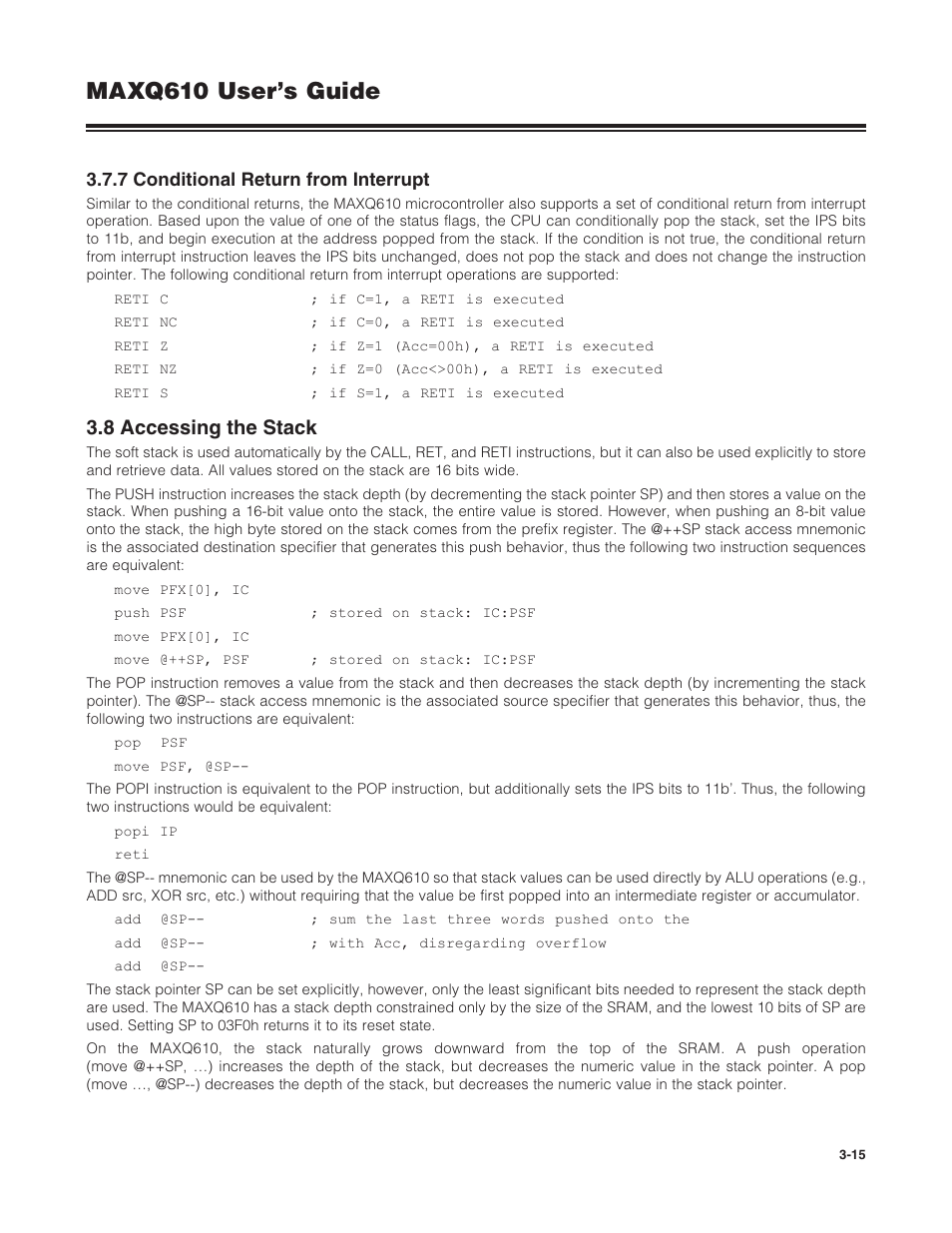 7 conditional return from interrupt, 8 accessing the stack, 3 .7 .7 conditional return from interrupt -15 | 3 .8 accessing the stack -15, Maxq610 user’s guide | Maxim Integrated MAXQ610 User Manual | Page 50 / 203