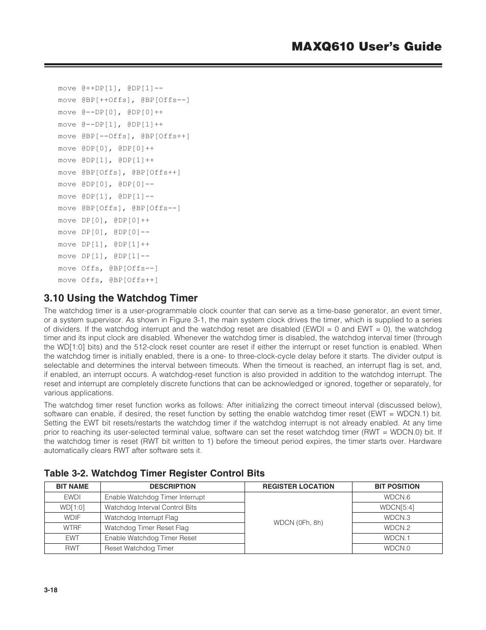 10 using the watchdog timer, 3 .10 using the watchdog timer -18, Maxq610 user’s guide | Table 3-2. watchdog timer register control bits | Maxim Integrated MAXQ610 User Manual | Page 53 / 203