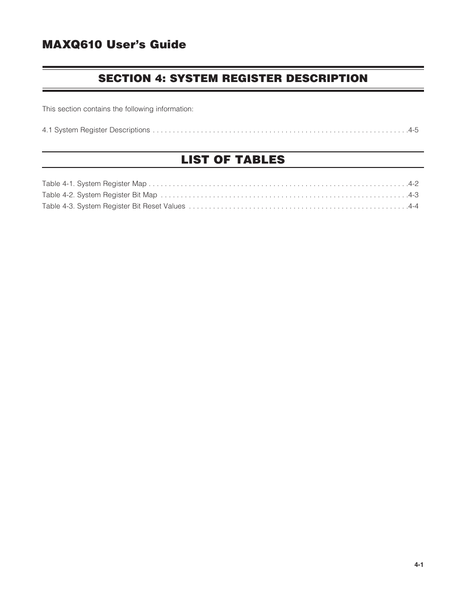 Section 4: system register description, Section 4: system register description -1, Maxq610 user’s guide | List of tables | Maxim Integrated MAXQ610 User Manual | Page 56 / 203