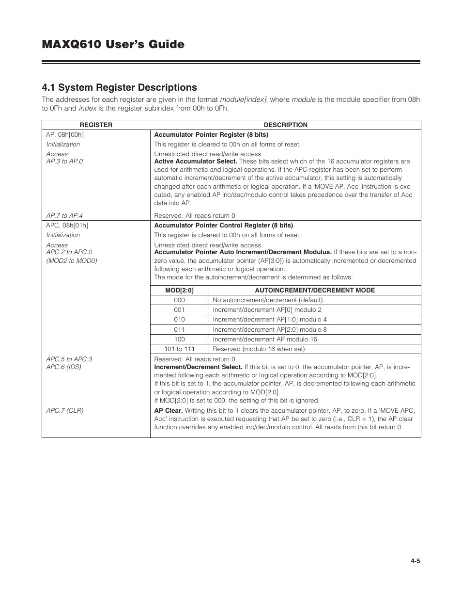 1 system register descriptions, 4 .1 system register descriptions -5, Maxq610 user’s guide | Maxim Integrated MAXQ610 User Manual | Page 60 / 203