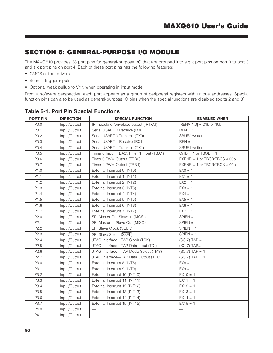 Table 6-1 . port pin special functions -2, Maxq610 user’s guide, Table 6-1. port pin special functions | Maxim Integrated MAXQ610 User Manual | Page 95 / 203