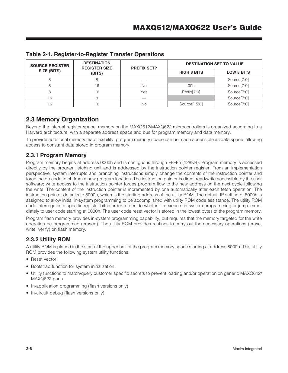 3 memory organization, 1 program memory, 2 utility rom | 2 .3 memory organization -6, 2 .3 .1 program memory -6 2 .3 .2 utility rom -6 | Maxim Integrated MAXQ622 User Manual | Page 10 / 255