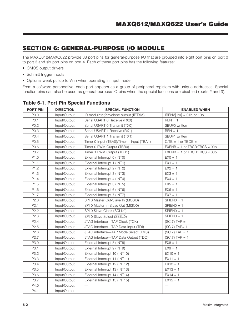 Table 6-1 . port pin special functions -2, Table 6-1. port pin special functions | Maxim Integrated MAXQ622 User Manual | Page 104 / 255